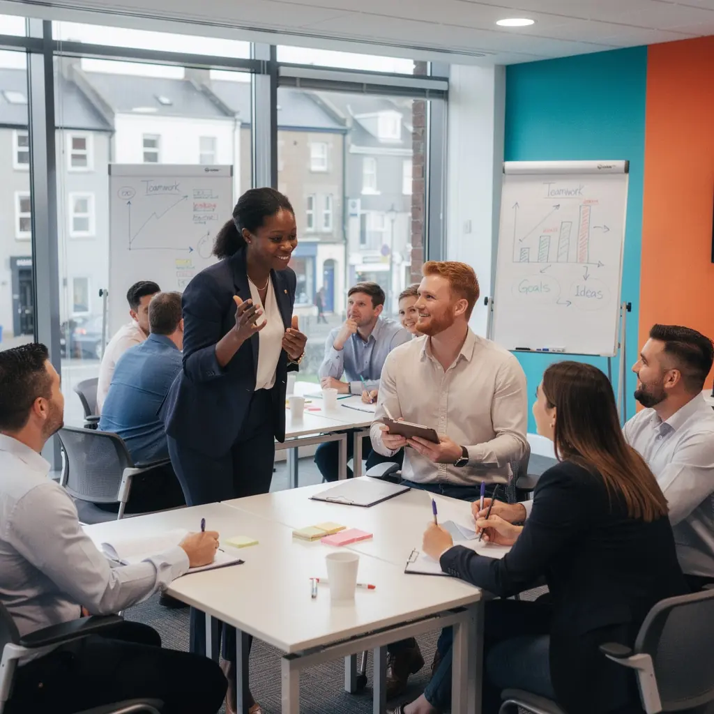 A modern office space featuring vibrant, brand-aligned colors and contemporary furniture arrangements.